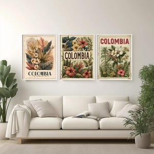 Colombia Travel Poster: Boho Floral Print, Earthy Tone Decor