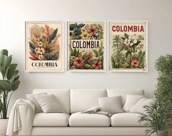 Colombia Travel Poster: Boho Floral Print, Earthy Tone Decor