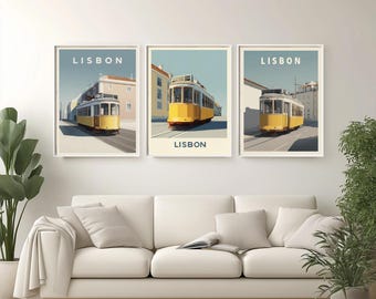 Minimalist Lisbon Travel Poster: Iconic Yellow Tram, Alfama Streets