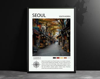Póster de viaje de Seúl: paisaje de Corea del Sur, arte mural moderno