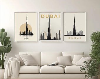 Póster de viaje minimalista de Dubái, Emiratos Árabes Unidos, con el Burj Khalifa y un horizonte futurista en elegante arte de pared moderno en negro, blanco y dorado para una decoración con estilo.
