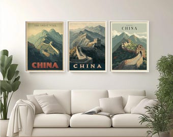 Póster de viaje retro de la Gran Muralla China, arte mural vintage, verdes apagados, marrones, textura granulada y descolorida, tipografía audaz, estilo retro.
