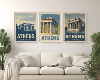 Póster de viaje a Atenas: Impresión artística vintage de Grecia, silueta del Partenón