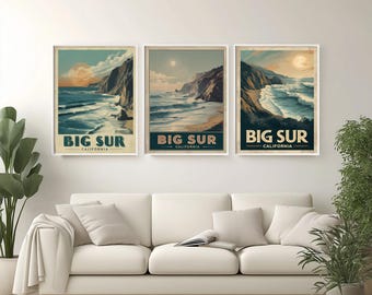 Poster di viaggio retrò di Big Sur, California, arte murale costiera vintage, stampa paesaggistica anni '50, illustrazione dell'oceano, decorazione, verde acqua, arancione e beige