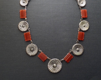 Art Deco Necklace. Carnelian Glass & Egyptian Revival Flowers.