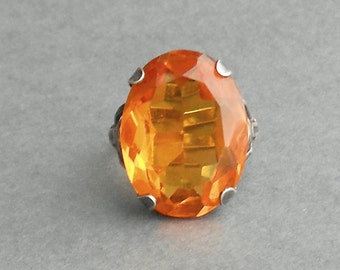 Art Deco Sterling Ring. Large Amber Glass Cocktail Ring. Late Art Nouveau Detailing.