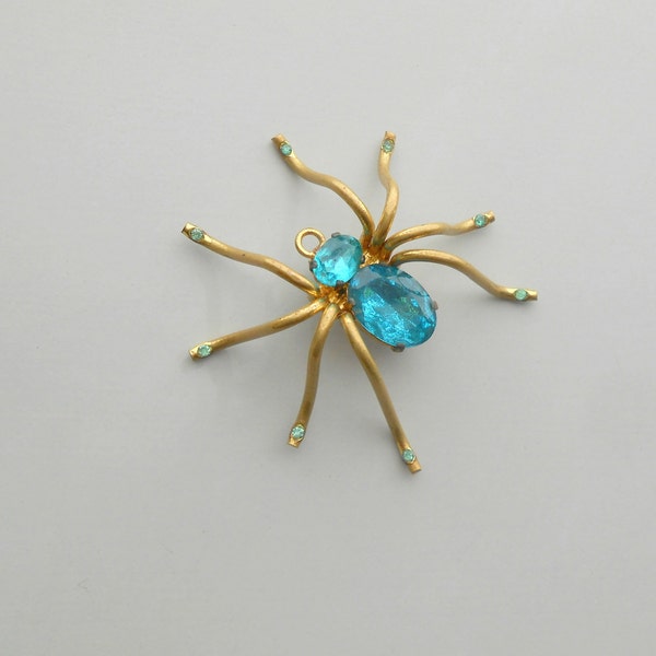 Czech Spider Pin Brooch. Deep Aqua Blue Stones. Rhinestone Feet.