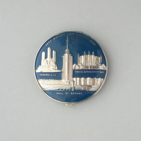 Art Deco Compact . Chicago Worlds Fair . Chrome and Blue Enamel .