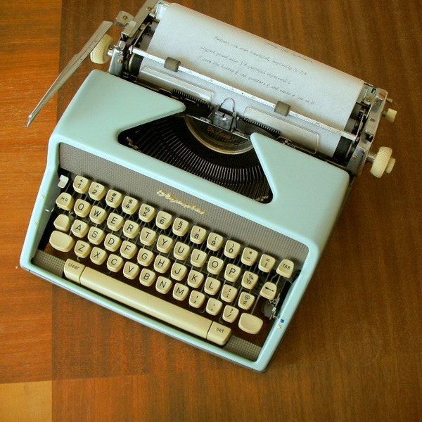SCRIPT German Olympia Deluxe Aqua Blue Enameled Metal Typewriter with Original Modern Case