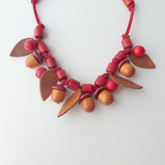 Wooden Acorn Necklace with Leather Leaves. 1940s … - image 2