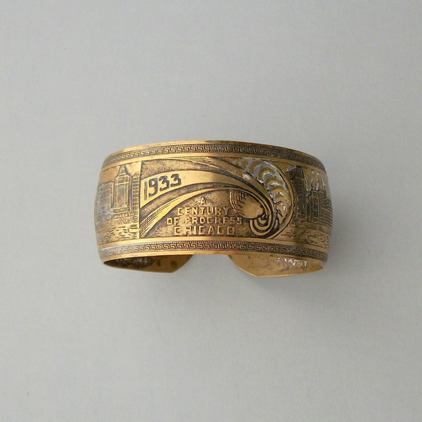 Art Deco Bracelet. World's Fair 1933 Chicago. Brass Cuff. Zeppelins. Boats.