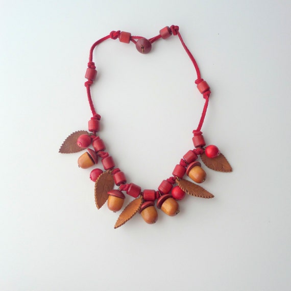 Wooden Acorn Necklace with Leather Leaves. 1940s … - image 1