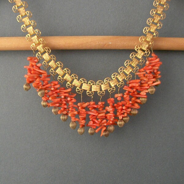 Art Deco Necklace. Coral Fringe Bookchain. Orange.