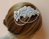 Bridal hair comb fascinator with rhinestone swags pearl crystal headpiece - AURORA