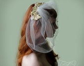 Birdcage veil, tulle blusher veil, hair vine, bridal vine clip, gold fascinator, bridal headdress, gold birdcage veil, gold veil,