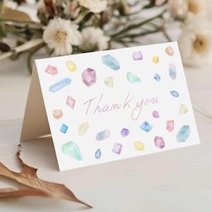Thank You Card Template, Flat Card Printable, Watercolor Gems, Pastel Rainbow Gemstone, Colorful Jewel, Digital Downloadable Card in Canva
