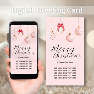 Tarjeta de Navidad digital, tarjeta editable de saludo digital, tarjeta de adornos de Navidad rosa brillante, tarjeta de Navidad rosa animada, plantilla Canva