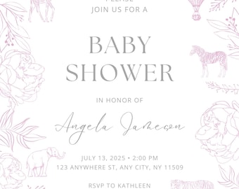 Peut inclure: Une invitation de fête prénatale rose et blanche avec un motif floral. L'invitation comprend le texte "PLEASE JOIN US FOR A BABY SHOWER IN HONOR OF Angela Jameson JULY 13, 2025 2:00 PM 123 ANYWHERE ST, ANY CITY, NY 11509 RSVP TO KATHLEEN PHONE +123-456-0000".