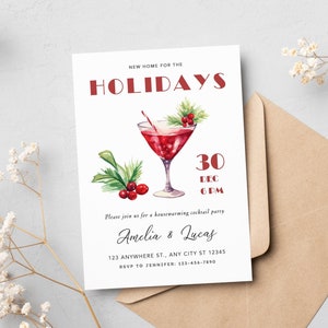 Sjabloon housewarmingsuitnodiging | Cocktailglas en hulstblaadjes | Welcome Home Party-avond | Bewerkbare en afdrukbare uitnodigingskaart