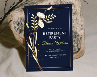 Golden Flowers Retirement Invitation Template: Elegant Celebration (Digital Template)