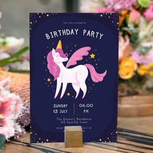 Invitación a fiesta de cumpleaños de unicornio, tarjeta de invitación a celebración mágica de noche estrellada, diseño celestial de ensueño, plantilla digital y editable