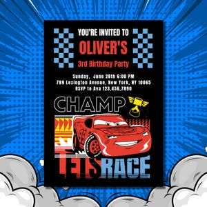 Autos Geburtstagsvorlage, Lightning McQueen Renneinladung, Schnelles Rennauto Party einladen, Cars Racing Geburtstags-Evite, Champion Karte
