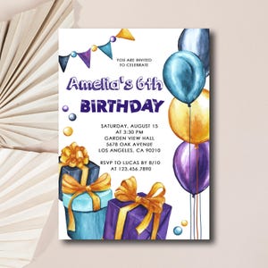 Convite de aniversário em aquarela, convite de felicidade de balão, cartão de festa lúdico, modelo de aniversário caprichoso, cartão de comemoração em aquarela