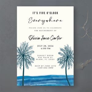 Invitation à une fête de retraite tropicale, invitation à la retraite brise côtière, modèle de carte de plage aquarelle, adieu avec vue sur la mer et vagues de coucher de soleil Evite