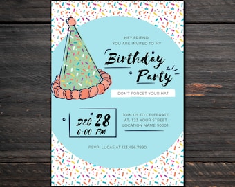 Confetti Party Hat Birthday Invitation Template: Printable Whimsical Evite (DIY Editable Design)