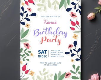 Colorful and Elegant Floral Birthday Invitation Template | Bright Flower Party Invite | Printable Birthday Card