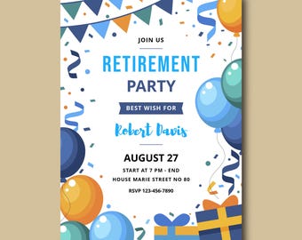 Watercolor Retirement Invitation Template, Balloons & Flags (DIY)