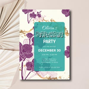Boho Chic Geburtstagseinladung, Vintage Gartenparty Evite, florale Eleganz Geburtstag Vorlagenkarte, Orchidee Bliss einladen, bearbeitbar und druckbar