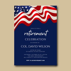 Uitnodiging militair pensioen, kolonel | Captain Retirement-feestuitnodiging, Stars & Stripes-sjabloon, American Pride-vieringskaart