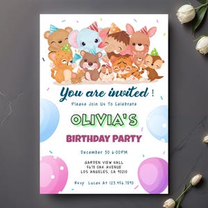 Modèle d'Invitation d'anniversaire Safari, invitation de fête amis animaux de la forêt mignon, carte d'anniversaire pour enfants jungle imprimable modifiable