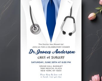 Doctor Promotion Dinner Invitation, Medical Promotion Party Invite, Doctor Coat Stethoscope Card