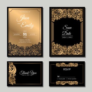 Golden Wedding Invitation Suite | Vintage Baroque Wedding Invite | Luxury Gold Ceremony Card & Save The Date | Editable Printable