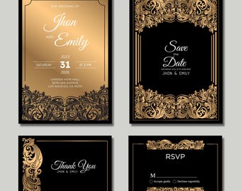 Vintage Baroque Wedding Invitation Suite: Editable Golden Ceremony