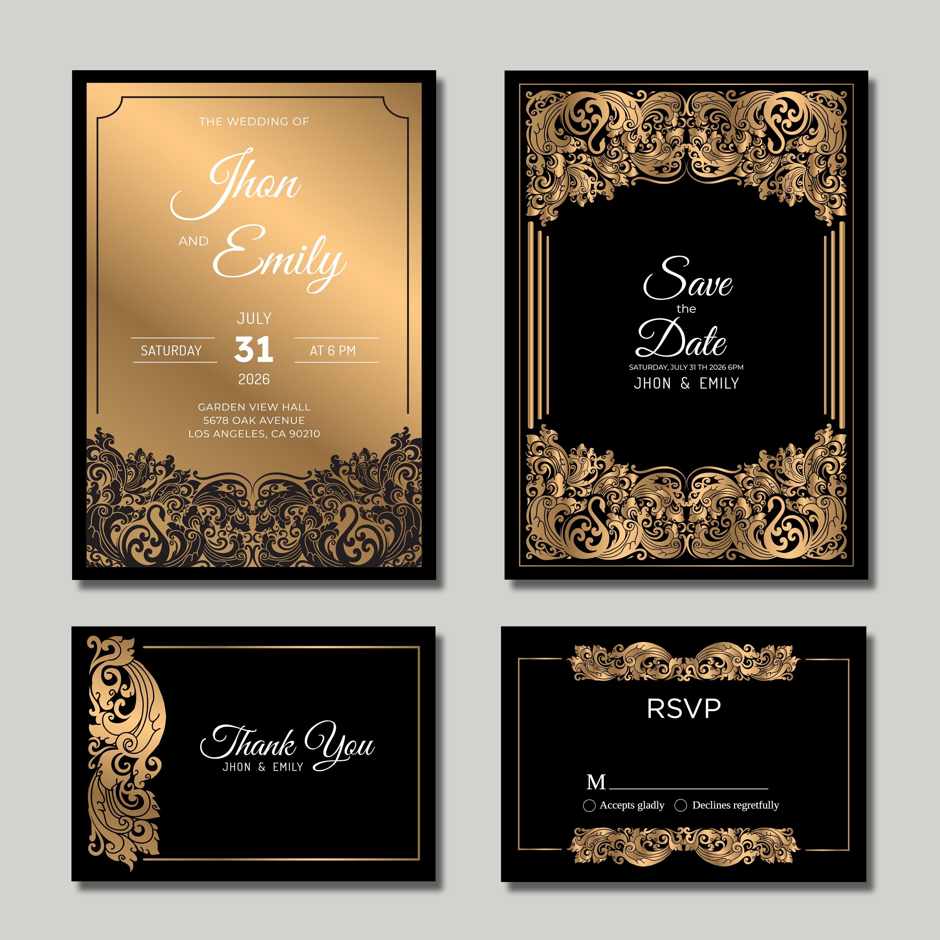 Vintage Baroque Wedding Invitation Suite: Editable Golden Ceremony