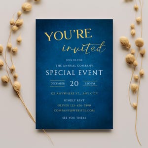 Convite de Gala Azul Royal, Convite para Evento Empresarial Safira Elegância, Modelo Corporativo Azul Marinho Dourado, Cartão de Visita Opulento Índigo
