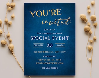 Royal Blue Gala Invitation,Sapphire Elegance Business Event Invite,Navy Gold Corporate Tempalte,Opulent Indigo Business Card
