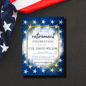 Invito per il pensionamento dei veterani, invito per il pensionamento dei patrioti dorati, elegante modello di biglietto militare, biglietto glitterato patriottico, invito per onore e servizio