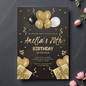 Invitación de cumpleaños: elegante tarjeta de celebración dorada de lujo, plantilla de fiesta dorada de lujo e invitación brillante