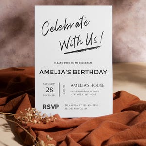 Minimalist Birthday Party Invite,Modern Black & White Invitation,Formal Adult and Teen Birthday celebration Template,Chic Design