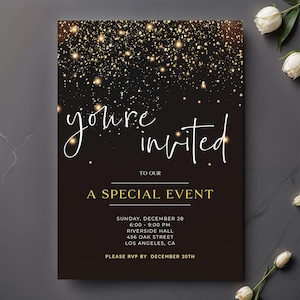 Plantilla de invitación empresarial de lujo en oro, tarjeta de invitación para eventos especiales, diseño en oro negro, editable e imprimible, descarga instantánea.