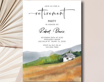 Watercolor Landscape Retirement Invitation, Rustic Countryside (DIY Template)