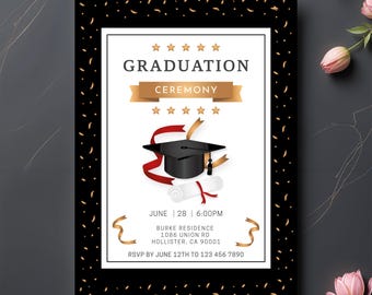 Graduation Ceremony Invitation, Black Gold Cap Diploma Star Card, Printable Editable Invite