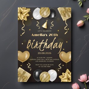 Convite de aniversário elegante dourado, modelo de convite luxuoso preto e dourado, cartão de comemoração Royal Glow, convite Evite dourado glam, editável e imprimível