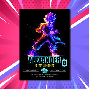 Convite editável de herói de energia de anime | Cartão neon com cabelo brilhante | Evite festa de guerreiro | Modelo em estilo de quadrinhos | Download instantâneo