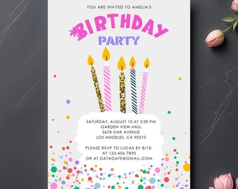 Sparkle Birthday Invitation: Golden Confetti, Candlelight Party (DIY Template)