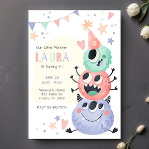 Invito di compleanno "Little Monster", modello di invito per bambini dipinto a mano con acquerello, biglietto d'auguri con simpatici amici, stampabile e modificabile